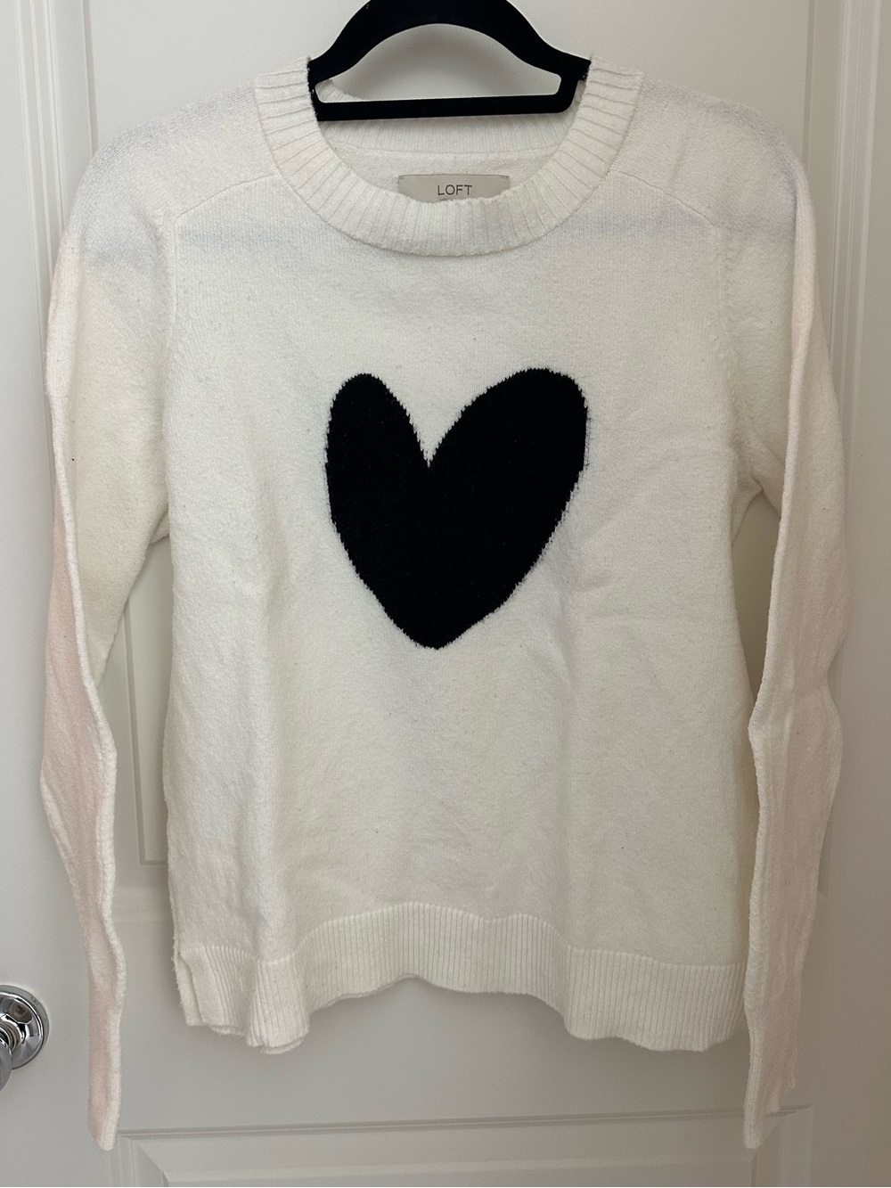 LOFT White Crewneck Sweater with Black Heart